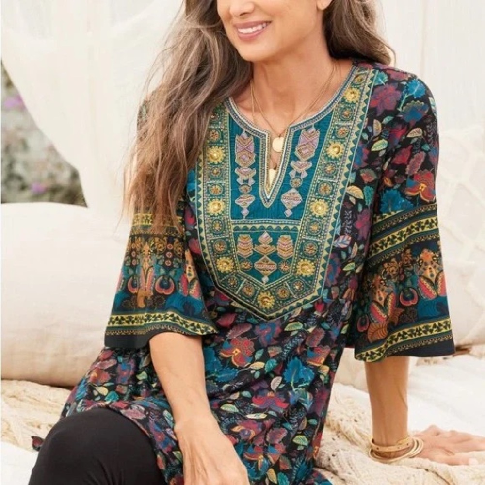 Soft Surroundings Toscana Tunic Multicolor Printed Boho Beaded Top Women’s M